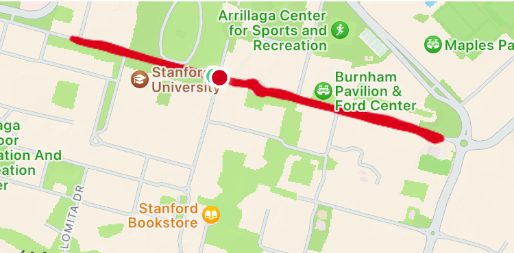 The course: Jane Stanford Way from Casper to Gates